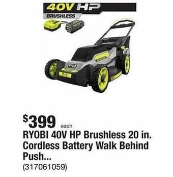 The Home Depot Ryobi 40v hp brushless 20 in. cordless battery walk behind push offer