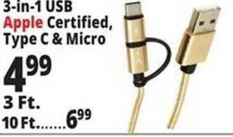 Ocean State Job Lot 3-in-1 usb apple certified, type c & micro offer