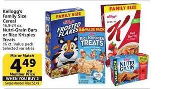 Vons Kellogg's family size cereal, nutri-grain bars or rice krispies treats offer