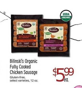 Sprouts Farmers Market Bilinski's organic fully cooked chicken sausage offer