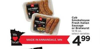 Cub Foods Cub smokehouse fresh italian sausage or bratwurst offer