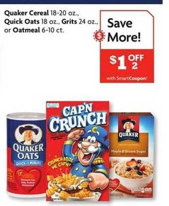 Family Dollar Quaker cereal quick oats. grits. or oatmeal offer