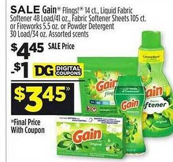 Dollar General Gain flings! liquid fabric softener, fabric softener sheets or fireworks or powder detergent offer