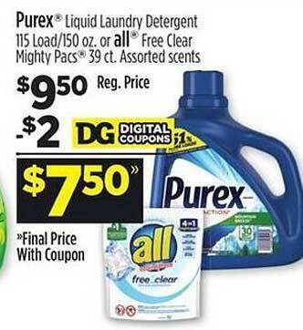 Dollar General Purex liquid laundry detergent or all free clear mighty pacs offer