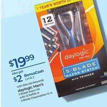 Rite Aid Daylogic men's 5 blade razor kit with 12 refills or 5 blade disposables offer