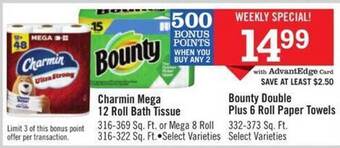 Price Chopper Charmin mega 12 roll bath tissue or bounty double plus 6 roll paper towels offer