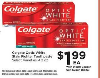 Food 4 Less Colgate optic white stain fighter toothpaste offer