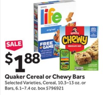 Stop&Shop Quaker cereal or chewy bars offer