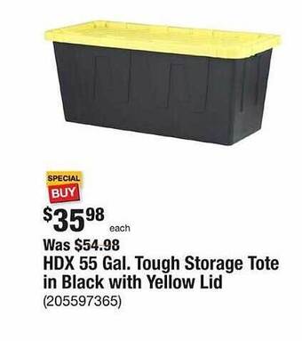 The Home Depot Hdx 55 gal. tough storage tote in black with yellow lid offer