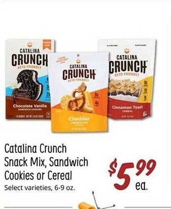 Sprouts Farmers Market Catalina crunch snack mix, sandwich cookies or cereal offer