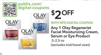 Publix Any 1 Olay Regenerist Facial Moisturizing Cream Serum or Eye Product .5-2.5-oz offer
