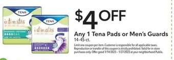 Publix Any 1 Tena Pads or Men's Guards 14-45 ct offer