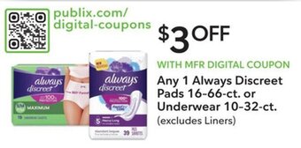 Publix Any 1 Always Discreet Pads 16-66-ct. or Underwear 10-32-ct offer