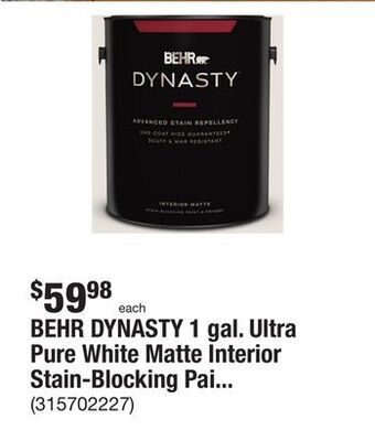 The Home Depot Behr dynasty 1 gal. ultra pure white matte interior stain-blocking paint & primer offer