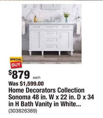 The Home Depot Home decorators collection sonoma 48 in. w x 22 in. d x 34 in h bath vanity in white with white carrara marble top offer