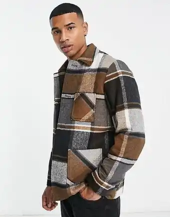 ASOS Gianni feraud boxy fit check wool blend shacket in brown offer