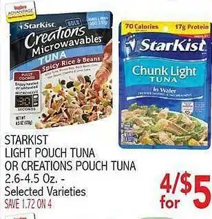 Starkist light pouch tuna or creations pouch tuna 2.5-4.5 oz.
