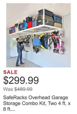 Costco Saferacks overhead garage storage combo kit, two 4 ft. x 8 ft. racks, 18-piece deluxe hook accessory pack offer