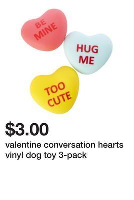 Five Below Valentine conversation hearts vinyl dog toy 3-pack offer