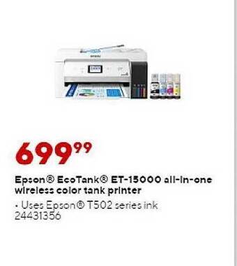 Staples Epson ecotank et-15000 all-in-one wireless color tank printer offer