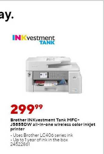 Staples Brother inkvestment tank mfc-j5855dw all-in-one wireless color inkjet printer offer