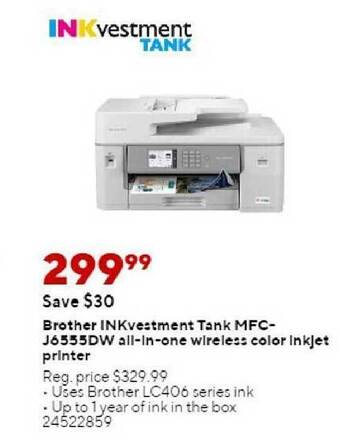 Staples Brother inkvestment tank mfc-j6555dw all-in-one wireless color inkjet printer offer