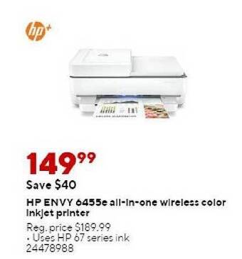 Staples Hp envy 6455e all-in-one wireless color inkjet printer offer