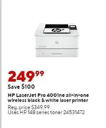 Staples Hp laserjet pro 4001ne all-in-one wireless black & white laser printer offer