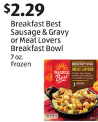 Aldi Breakfast best sausage & gravy or meat lovers breakfast bowl offer