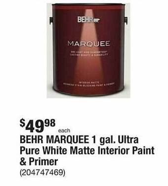 The Home Depot Behr marquee ultra pure white matte interior paint & primer offer