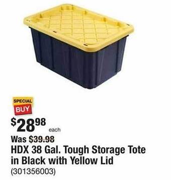 The Home Depot Hdx tough storage tote in black with yellow lid offer
