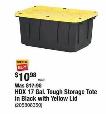 The Home Depot Hdx 17 gal. tough storage tote in black with yellow lid offer