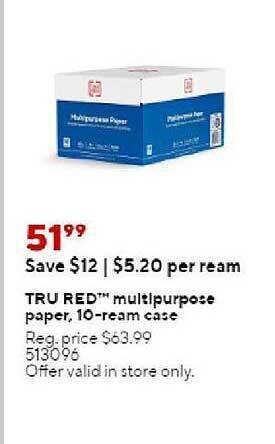 Staples Tru red multipurpose paper, 10-ream case offer