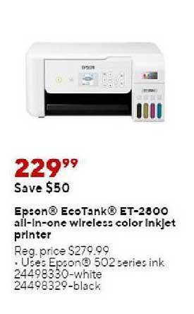 Staples Epson ecotank et-2800 all-in-one wireless color inkjet printer offer