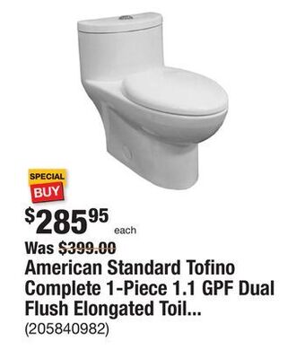 The Home Depot American standard tofino complete 1-piece 1.1 gpf dual flush elongated toilet in white with slow close seat offer