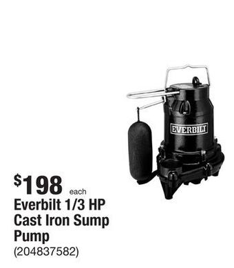 The Home Depot Everbilt 1/3 hp cast iron sump pump offer