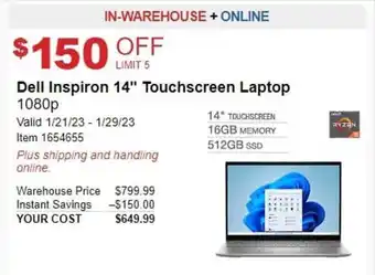 Costco Dell Inspiration 14" Touchscreen Laptop 1080p offer