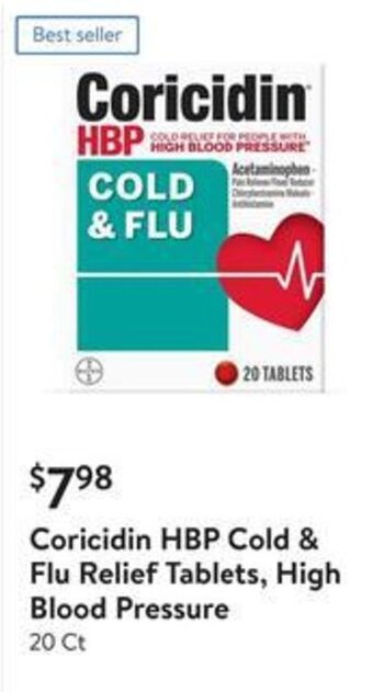 Walmart Coricidin HBP Cold & Flu Relief Tablets, High Blood Pressure 20 ct offer