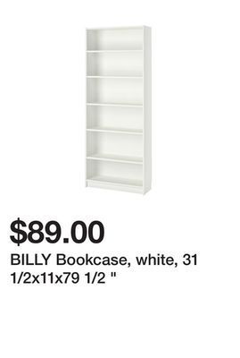 Ikea Billy bookcase, white, 31 1/2x11x79 1/2 " offer