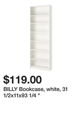 Ikea Billy bookcase, white, 31 1/2x11x93 1/4 " offer