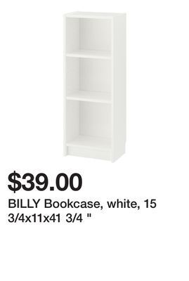 Ikea Billy bookcase, white, 15 3/4x11x41 3/4 " offer