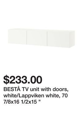 Ikea Bestå tv unit with doors, white/lappviken white, 70 7/8x16 1/2x15 " offer