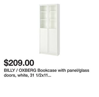 Ikea Billy / oxberg bookcase with panel/glass doors, white, 31 1/2x11 3/4x79 1/2 " offer