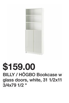 Ikea Billy / högbo bookcase w glass doors, white, 31 1/2x11 3/4x79 1/2 " offer