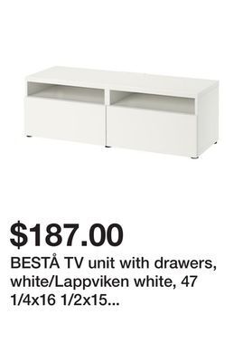 Ikea Bestå tv unit with drawers, white/lappviken white, 47 1/4x16 1/2x15 3/8 " offer