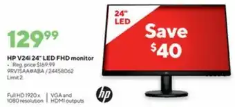 Staples HP V24i 24" LED FHD Monitor 9RV15AA#ABA offer