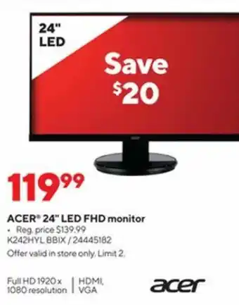 Staples Acer 24 LED FHD Monitor K242HYL BBIX/24445182 offer