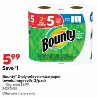 Staples Bounty 2-Ply Select-a-Size Paper Towels, Huge Rolls offer