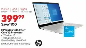 Staples HP Laptop With Intel Core i3 Processor 15-DW3063st offer