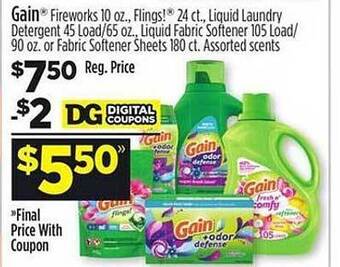 Dollar General Gain fireworks, flings liquid laundry detergent, liquid fabric softener or fabric softener sheets offer
